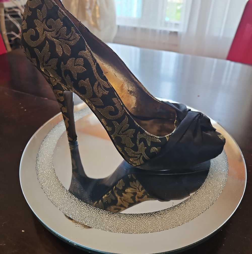 Nine West Black and Gold Brocade Peep-Toe Stilettos